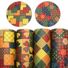 4piece/Set 7.7x12.9inch Plaid Button Flower Pattern Faux Synthetic Leather Set For DIY Bows Leather Crafts Earring Handmade Material - Default - View 7