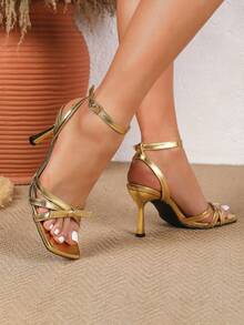 优雅时尚新款PU皮革打结亮面方头高跟鞋，适合度假和夏季穿着 - 金色 - 查看 4