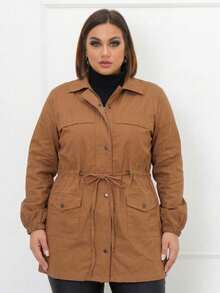 Plus Size Winter Overcoat In Bengaline Fabric With Drawstring, Zipper, And Button Closure. This Winter Parka Coat/Blouse Is Perfect For Sizes G1, G2, And G3. - Mocha Brown - View 3