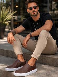 Comfortable Casual Slip-On Sneakers, Lightweight, Urban Style, Eyelets - Brown - Cà phê nâu - Xem 3