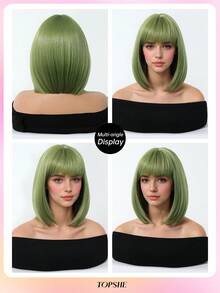 Perucă TOPHSE, elegantă, pufoasă, scurtă, bob, cu breton, împletită verde, material din fibră rezistent la temperaturi ridicate, capac tip plasă roz, peruci pentru femei, stil versatil - potrivită pentru cosplay, petrecere, festival de muzică, nuntă, cadou - Verde - Vizualizare 8