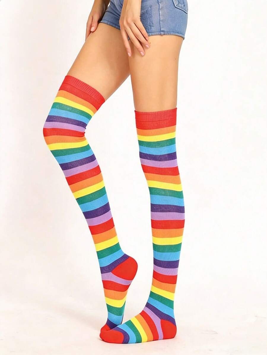 一双女士过膝长袜，双条纹设计，透气时尚，适合日常穿着和派对场合。 - 彩色 - 查看 1