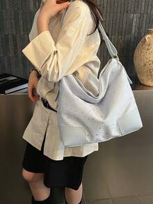 【复古水洗托特包 - 做旧五金单肩包，适合成熟女性，多隔层防水，焦糖棕色极简风格，适合通勤、上学、逛街，四季皆宜】 - 淺藍色 - 查看 4