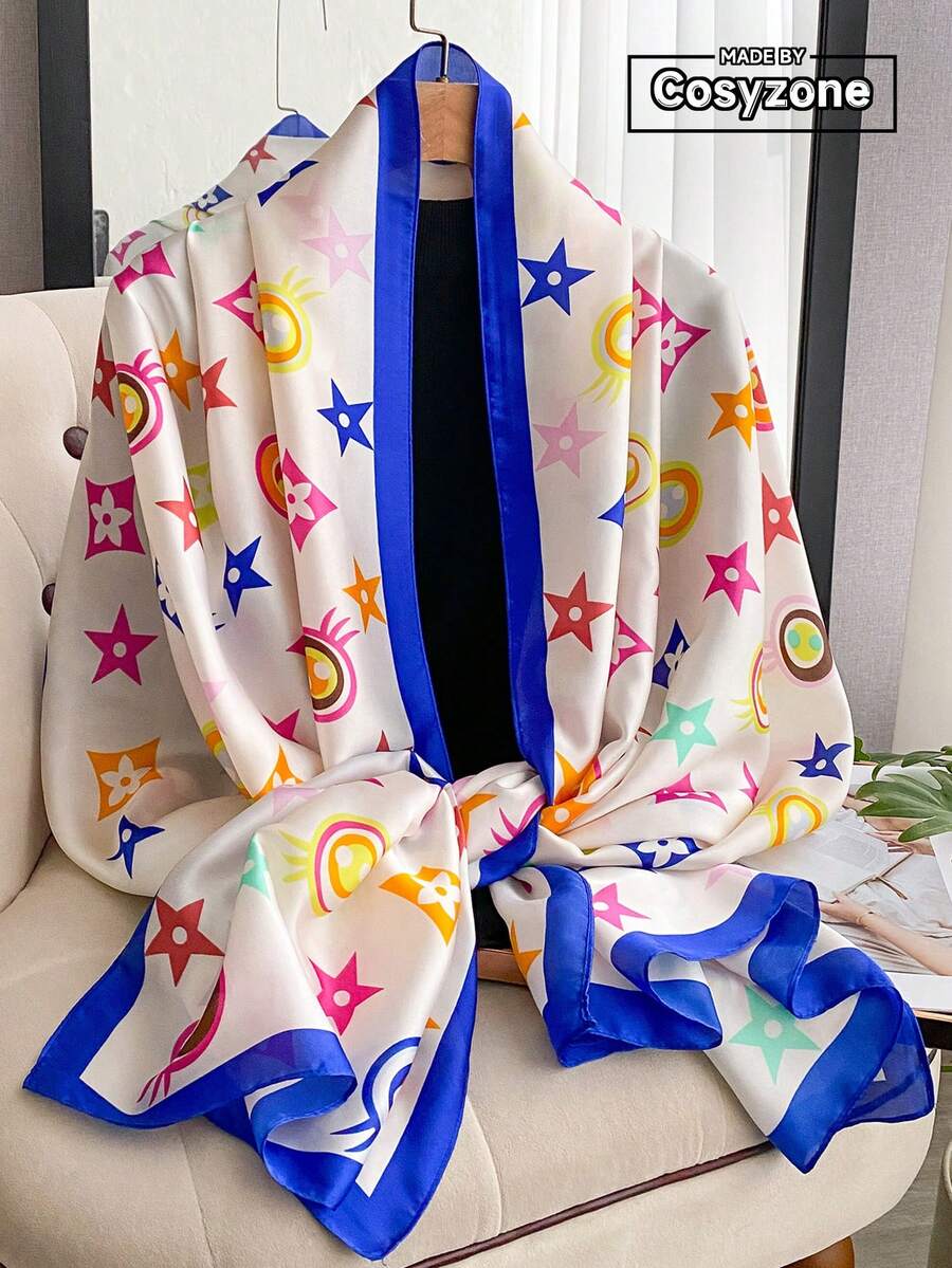 1pc Elegant Faux Silk Scarf With Pentagram Print, Versatile Shawl For Sun Protection, Fashion Accessory For Daily Use,Beach,Holiday - Blue and White - View 1