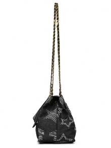 New Fashion Denim Crossbody Bag, Star Print Fabric, Adjustable Gold Chain Strap, Magnetic Closure, Lightweight Makeup And Lipstick Storage Pouch, Versatile For Daily Use And Gifts - Black - View 7