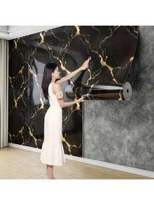 1 Cuộn Giấy Dán Tường Tự Dẹp Họa Tiết Vân Đá, Có Thể Tháo Rời, Thích Hợp Cho Tường, Mặt Bàn, Ngăn Kéo, Chống Thấm Nước và Chống Mòn, Lý Tưởng Cho Trang Trí Nhà Thuê, Không Để Lại Vết Bẩn, Trang Trí Tường - màu đen - Xem 1