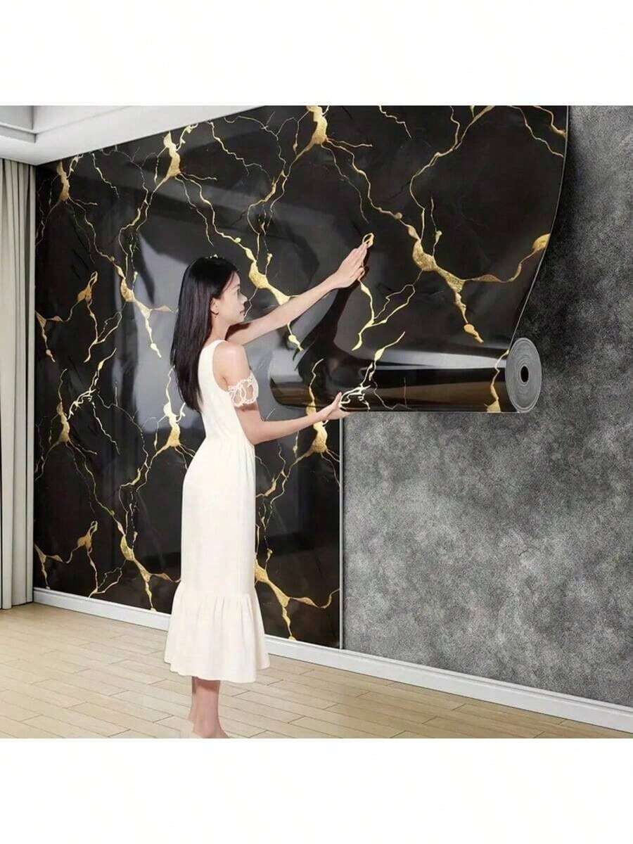 1 Cuộn Giấy Dán Tường Tự Dẹp Họa Tiết Vân Đá, Có Thể Tháo Rời, Thích Hợp Cho Tường, Mặt Bàn, Ngăn Kéo, Chống Thấm Nước và Chống Mòn, Lý Tưởng Cho Trang Trí Nhà Thuê, Không Để Lại Vết Bẩn, Trang Trí Tường - màu đen - Xem 1