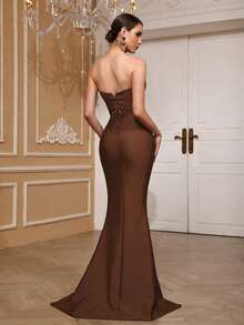 Girsdy Brown Spring/Summer Elegant Knit Strapless High-End Formal Dress, Handmade Beaded & Rhinestone Embellished, Bodycon Sexy Backless Mermaid Maxi Dress For Gala, Prom, Graduation, Sleeveless Cold-Shoulder Design Party Wedding - Brown - View 4
