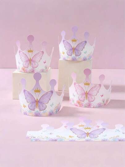 Girls' Purple Butterfly Crown - Disposable Princess Hair Accessory With Butterfly And Floral Design, Ideal For Fairy-Themed Birthday Parties And Events As Favors. Fairy-Themed Party Decor And Photo Prop.