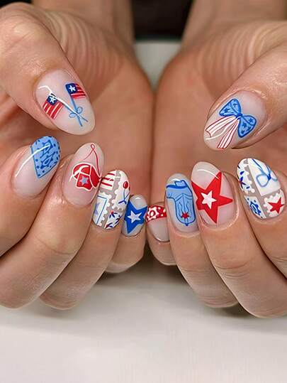 24 móng tay giả chủ đề Ngày Độc lập mùa hè, màu đỏ trắng xanh dương, thiết kế nơ và ngôi sao kiểu cao bồi, thích hợp cho phụ nữ trang trí Ngày Độc lập 4 tháng 7.