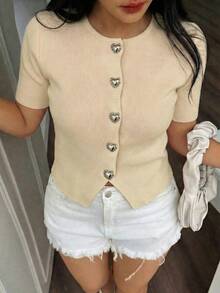 SEREN 女士春夏圆领心形纽扣针织开衫，休闲优雅办公穿着，常规长度；情人节粉色短袖女士上衣，适合夏季日常穿着 - 杏色 - 查看 4