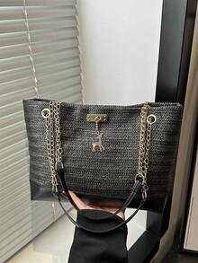 2026 New Casual Straw Tote Bag, Large Capacity Handbag, Minimalist Chic Shoulder Bag, Summer Fashion - Black - View 6