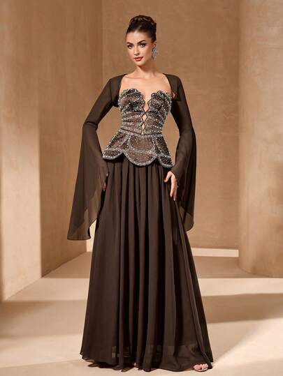 YISIKADO Women's Elegant Luxury Chiffon Diamond V-Neck Asymmetric Long Sleeve High Waist Wedding Guest Birthday Party Graduation Anniversary Gala Dinner Concert Celebration Evening Dress