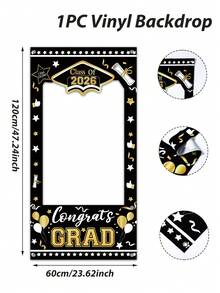 1pc 2026 Graduation Class Photo Frame, Congratulations Graduate Photo Prop, 120*60cm Vinyl Backdrop, Graduation Celebration Decor, Graduation Party Supplies, Graduation Home Decor, Holiday Party Background Decoration - Black and Gold - View 9