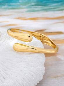 3pcs/Set Minimalist Geometric Hammered Asymmetrical Teardrop Thick Bangle Bracelet Set, Gold Tone, Suitable For Women, Solid Metal & Zinc Alloy Material - Yellow Gold - View 9