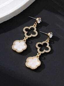 1对奢华优雅镂空四叶草吊坠耳环，海滩风格（不含礼盒） - 金色 - 查看 3