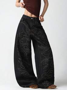 1 Stück Damen Retro Amerikanischer Street-Style bestickte Weite Jeans, locker & bequem lässig Hose für den Alltag, geeignet für alle Jahreszeiten (Gürtel/Zubehör nicht enthalten) Schwarz - Schwarz - Übersicht 9