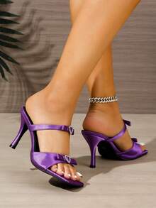 女士紫色露趾爱心水钻搭扣高跟凉鞋，简约细带套脚夏季凉鞋 - 紫色 - 查看 4