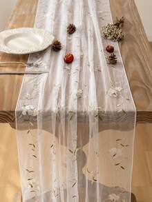 1pc Transparent Mesh Floral Embroidered Tablecloth, American Farmhouse Style Rectangular Table Runner, Suitable For Daily, Festivals, Parties, Weddings, Hotels, Home Dinners, All Seasons Home Decor - White - View 3