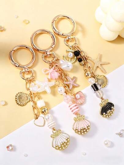 1个条纹珍珠串珠钥匙扣，贝壳和海星钥匙圈，女孩包包挂饰