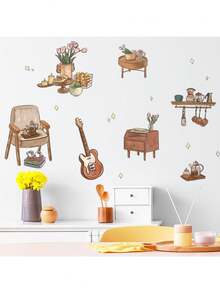 Adesivo de parede autoadesivo com sofá vintage, conjunto de chá, cristaleira e guitarra para quarto ou sala de estar. Tema vintage criativo, material PVC, pintura de parede divertida, decoração removível, design colorido e fofo. - Sofá, conjunto de chá, floreira, guitarra - Ver 5