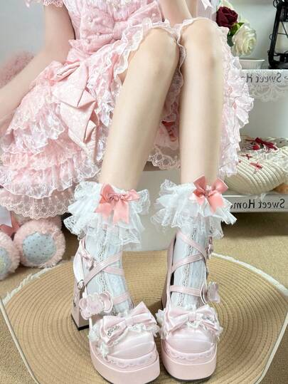 1 Çift Sevimli İlkbahar/Yaz Dantel Detaylı Fiyonklu Yama Desenli, Oyuklu Diz Altı Çorap, Çok Yönlü Lolita Tarzı