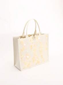1 pieza Bolso de lino con parches de lentejuelas y malla de colores, diseño de bordado floral y de hojas de moda, bolso de hombro cuadrado de gran capacidad, estilo casual de vacaciones (patrón floral distribuido al azar) - Beis - Ver 4