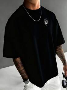 Men's Casual Fashionable Minimalist Commuting Printed Dropped Shoulder Loose Breathable Short Sleeve T-Shirt, Summer - Black - View 2