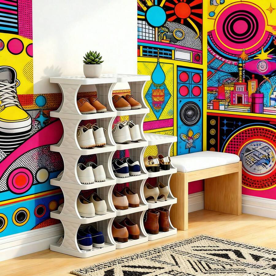 3-Tier Stackable Shoe Rack, Modular Shoe Storage Organizer, Adjustable Multi-Layer Shoe Rack, No-Bracket DIY Space-Saving Shoe Rack - Multicolor - View 1