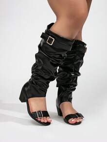 Giày bốt cao cổ giả da dáng rộng dành cho nữ, cổ bốt nhăn, gót dày, bốt cao đến đầu gối màu đen gợi cảm, bốt cao gót dáng rộng cho nữ. - Tối màu, thô ráp, nhăn nheo - Xem 4