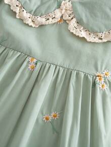 1pc Girls Embroidered Short Sleeve Dress, Ruffle Collar Casual Elegant Dress For Toddler & Young GirlSummer - Green - View 7