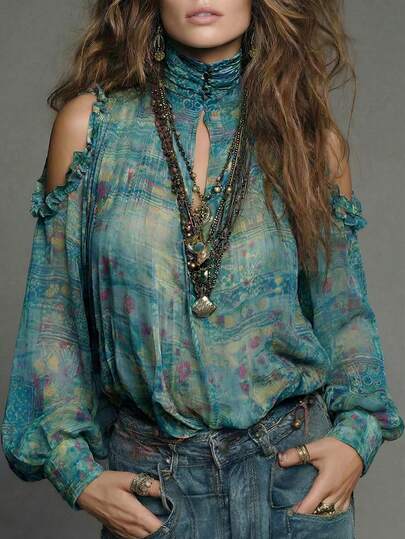 Áo sơ mi dài tay dáng phồng cổ cao, thiết kế vintage bằng vải chiffon in họa tiết, kiểu dáng trễ vai, chất liệu chiffon, in toàn thân, cài khuy rỗng, vạt áo xếp ly, thích hợp cho các lễ hội âm nhạc, kỳ nghỉ, hẹn hò, phong cách thường ngày, mùa xuân/hè.