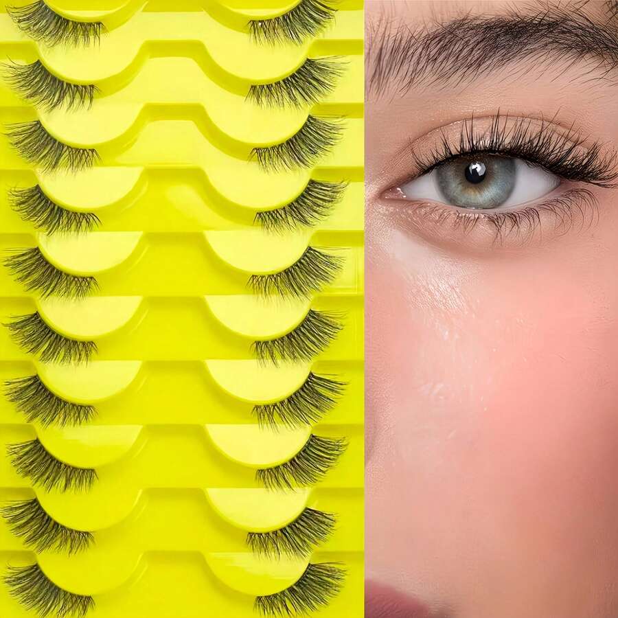 10-Pair Set Of Half-Strip False Eyelashes, Featuring Transparent And Black-Line Stem Designs For A Natural Cat-Eye Effect.Mixed Lengths Of 5-13mm, Made From Soft Faux Mink Material.Multi-Pair Packaging Suitable For Daily Wear And Various Special - HG-a08-yellow - View 1