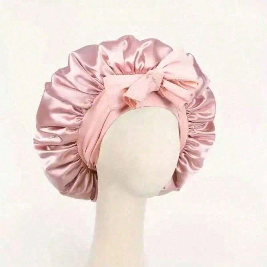 1pc Ribbon Round Hat With Bow, Wide Brim, Hair Care Hat, Headscarf, Sleeping Cap - Pink - View 1