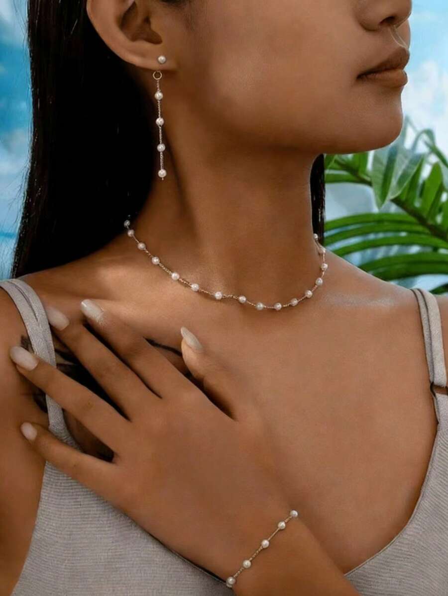 Bộ trang sức cao cấp, thanh lịch kiểu Pháp cổ điển gồm vòng tay, dây chuyền và bông tai vàng, dây chuyền xương đòn duyên dáng, ngọt ngào theo phong cách , phù hợp cho phụ nữ dự tiệc, mặc hàng ngày, lễ hội, quà tặng Ngày của Mẹ, sinh nhật, Ramadan. - Phong cách thanh lịch - Xem 1