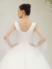 1 chiếc khăn choàng cô dâu, khăn choàng voan trắng đính ngọc trai, khăn choàng cô dâu đính nơ đá, khăn choàng cô dâu viền ren đính cườm, phù hợp với váy cưới, phụ kiện chụp ảnh lễ cưới dân sự. - Nhiều màu - Xem 2