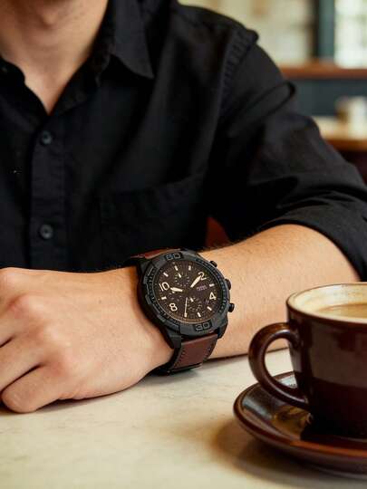 Fossil Đồng hồ nam chronograph máy quartz, dây da LiteHide màu nâu đậm, hiển thị ba mặt số, kiểu dáng công sở và thể thao, phù hợp cho công việc hàng ngày và các cuộc hẹn. FS5875