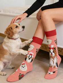 1 đôi tất nữ màu cam và hồng thiết kế bất đối xứng hình chú cún con, dễ thương và dài đến bắp chân, phù hợp cho mọi mùa. - Màu Cam san hô - Xem 2