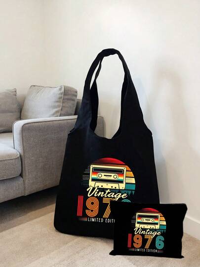 Vintage 1976 Cassette Tape Tote Bag & Throw Pillow 2pcs/Set, Retro Graphic Canvas Shoulder Bag With Matching Cushion Cover, Reusable Shopping Tote, Casual Handbag For Women & Girls. Perfect Birthday Gift, Anniversary Gift, Mother's Day, Christmas, Holiday Present. Ideal For Daily Use, Shopping, Travel, Work, School, Beach, Picnic, Home Decor. Keywords: Tote Bag, Canvas Bag, Shoulder Bag, Reusable Bag, Retro Bag, Pillow Cover, Cushion Case, Vintage Gift.