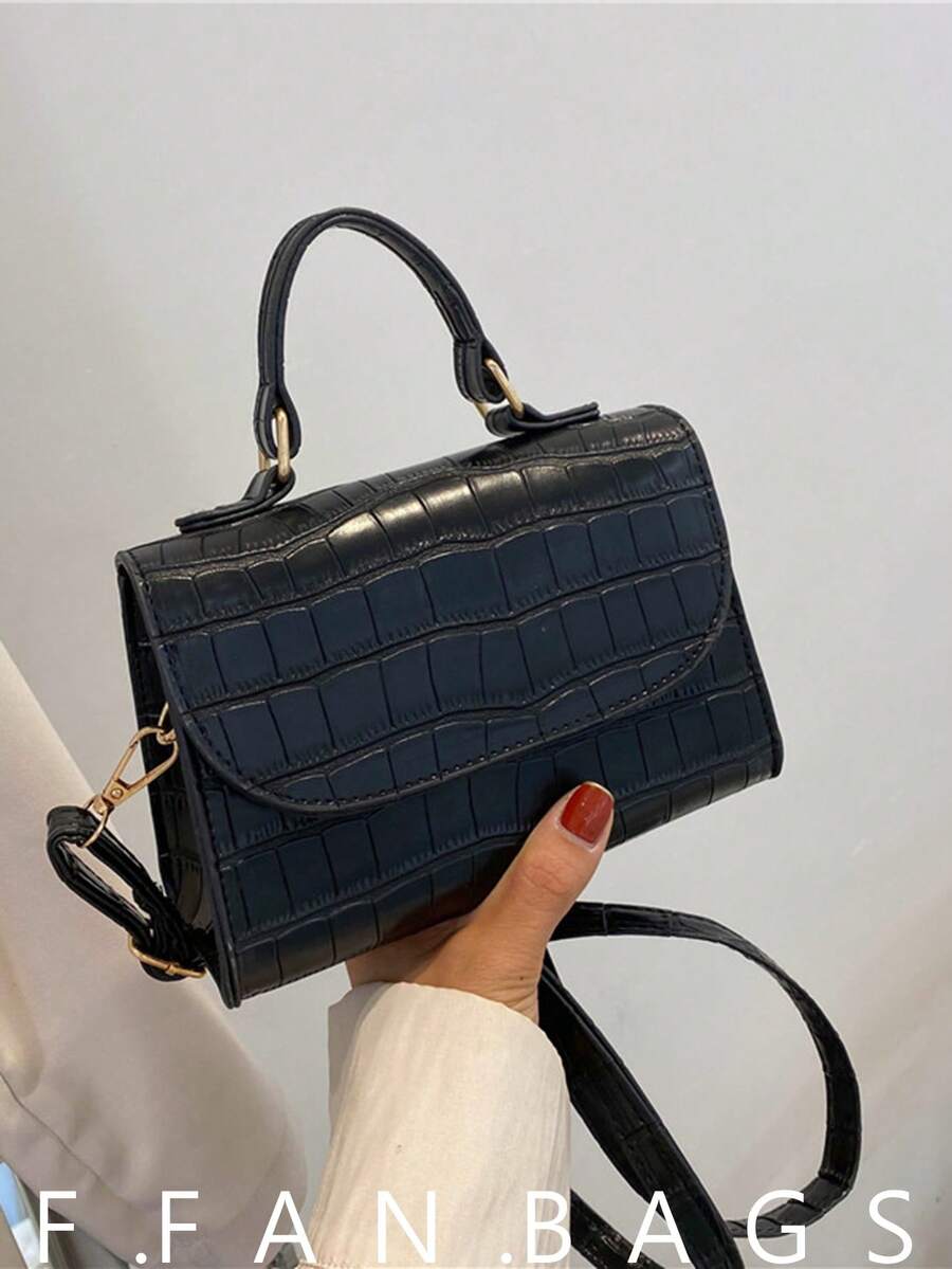 纯色PU皮革拼接蝴蝶结设计翻盖方形斜挎包，适合女性日常通勤、购物、旅行、聚会、闺蜜之夜、节日庆典、生日礼物及派对等场合。 - 黑色 - 查看 1