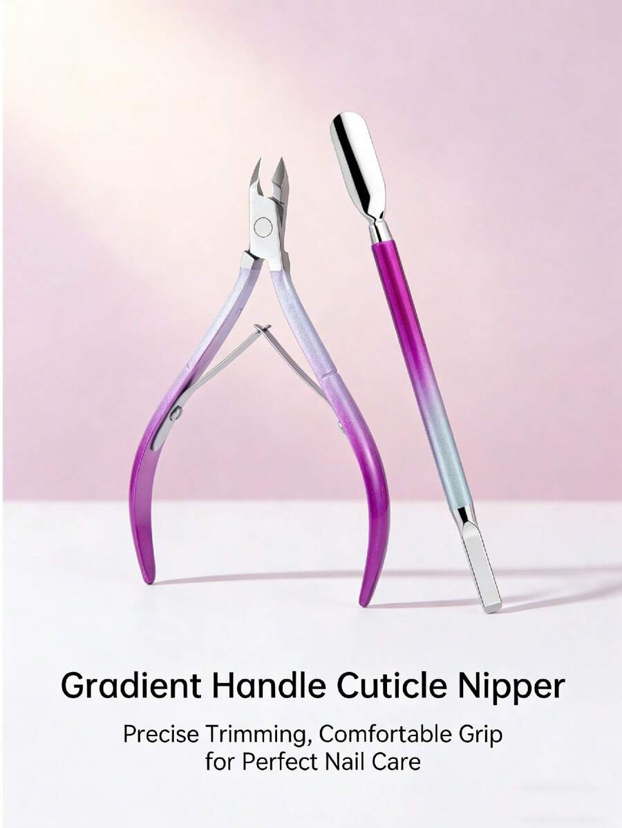 2pcs Integrated Manicure Tool Set, Includes Nail Clipper, Cuticle Nipper, And Cuticle Pusher. Stainless Steel Construction, Short Sharp Blades (Curved Design) For Precise Trimming Of Cuticles And Hangnails, Softening And Pushing Back Cuticles