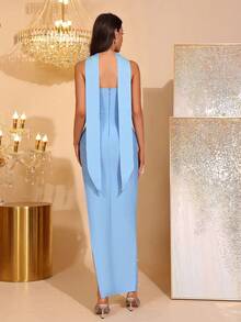 Elegant Pearl Decor Side Slit Strapless Bridesmaid Dress, Holiday Party Bandage Dress - Baby Blue - View 6