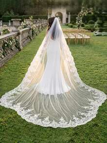 1pc Extra Long Bridal Veil With Lace Trim Design, Suitable For Wedding Dress, Cathedral Wedding,Summer,Beach - 彩色 - 查看 3