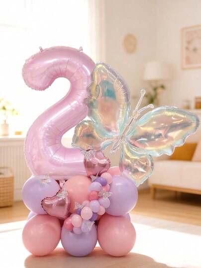 34pcs Birthday Balloon Set, 40-Inch Pink 0-9 Number Balloons, Colorful Transparent Butterfly Balloons, 10-Inch Colorful Heart Balloons In Magenta, Pink, Purple, Hollow Butterfly Decorations, Suitable For Birthday Party, Butterfly Theme, Anniversary Decoration