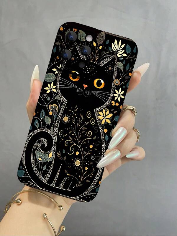 1 pièce Étui de téléphone pour téléphones Apple avec motif mystérieux de chat noir floral, imperméable, antichoc et antidérapant, couleur unie avec œil d'ange. Cadeau idéal pour les amis, la famille, les couples, les anniversaires, les fêtes