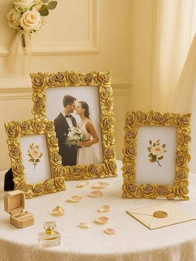金色玫瑰复古装饰相框，优雅欧式桌面相框，客厅卧室装饰，结婚纪念日礼物，高端复古家居装饰
