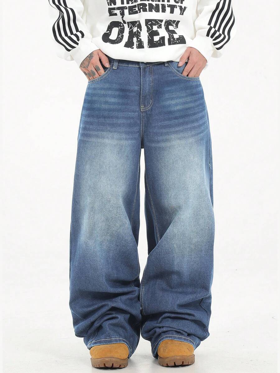 1 chiếc quần jeans nam Justice Brother dáng rộng, chất liệu denim đã qua xử lý, kiểu dáng thường ngày, ống rộng (không bao gồm thắt lưng và phụ kiện)