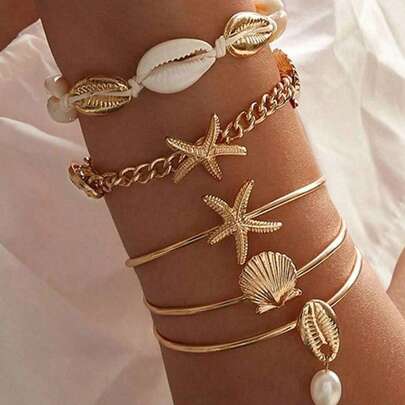 Bộ 5 vòng tay vàng, trang trí hình sao biển, vỏ sò và ngọc trai, dây chuyền kim loại nhiều lớp, thích hợp cho nữ giới đeo hàng ngày, hẹn hò, đi nghỉ mát, cưới hỏi, lễ hội, các dịp thường ngày và đặc biệt, đi biển, du lịch, quà tặng người lớn, quà sinh nhật, Ngày của Mẹ, Ngày Valentine.