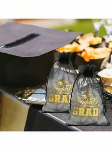 6pcs Graduation Commemorative Black Mesh Drawstring Bag, Black And Gold "Congratulations Graduates" Design, With Star And Diploma Patterns, Transparent Small Gift Bag, Suitable For Gifting, Graduation Celebration Decorations, And Congratulatory Graduation Gifts. - Multicolor - View 4