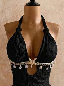 White Halter Twist Bodycon Mini Dress, Metal Accessories, Shell Decor, Beach Resort Vacation, Summer Outfit,White Dresses For Women - Black - View 6
